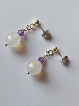 silver earrings-ear studs with agate and amethyst beads-