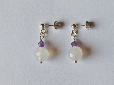 silver earrings-ear studs with agate and amethyst beads