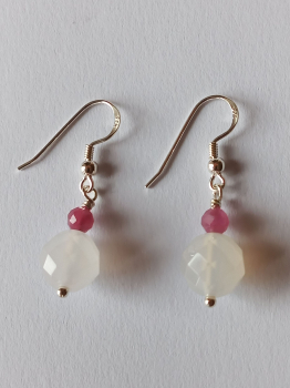 silver earrings-ear wires with agate and tourmaline beads-the colour is white and pink
