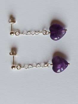 silver earrings-ear studs with amethyst heart and chain---