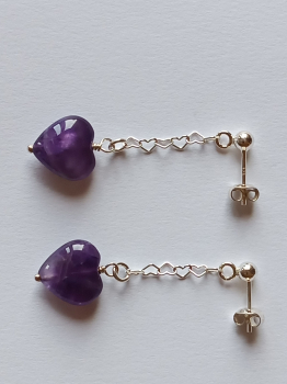silver earrings-ear studs with amethyst heart and chain--