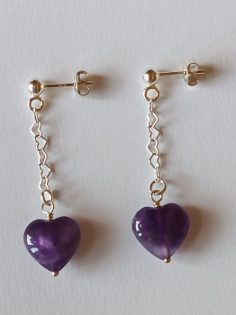 silver earrings-ear studs with amethyst heart and chain