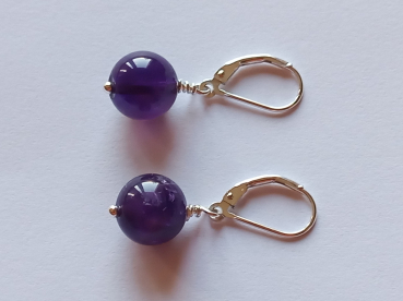 silver earrings-leverbacks with purple amethyst beads-