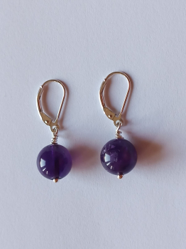 silver earrings-leverbacks with purple amethyst beads
