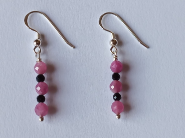silver earrings-ear wires with tourmaline beads-pink and black colour