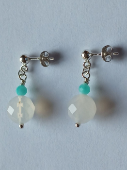 silver earrings-ear-studs with agate and amazonite beads