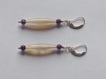 silver earrings-leverbacks withamethyst beads and agate tubes-the colours are white and purple-
