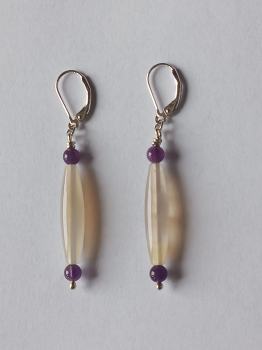 silver earrings-leverbacks withamethyst beads and agate tubes-the colours are white and purple