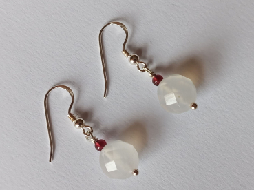 Preview: silver earrings-ear wires with agate and garnet beads-the colour is white and red-