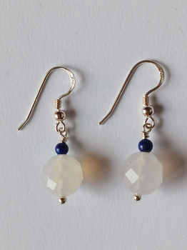 silver earrings-ear wires with agate and lapislazuli beads-the colour is white and blue