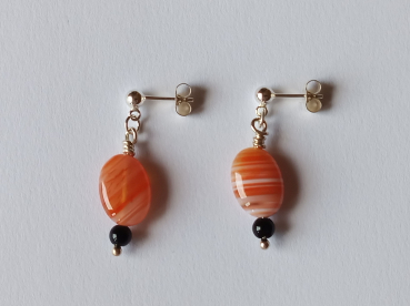 silver earrings-ear studs with agate and onyx beads-red-black colour