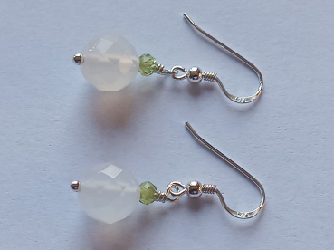 silver earrings-ear wires with agate and peridot beads-the colour is white and green-