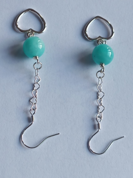 silver earrings-ear wires with turquoise amazonite beads and heart with chain---