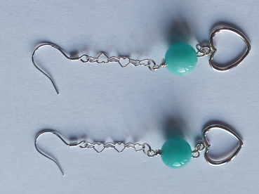 silver earrings-ear wires with turquoise amazonite beads and heart with chain--