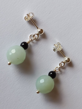 silver earrings-ear studs with amazonite and onyx beads-