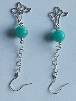 silver earrings-ear wires with turquoise amazonite beads and butterfly with chain---