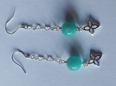 silver earrings-ear wires with turquoise amazonite beads and flower with chain--