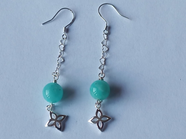 silver earrings-ear wires with turquoise amazonite beads and flower with chain