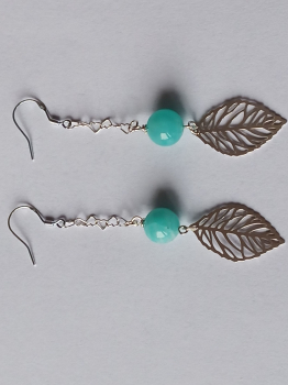 silver earrings-ear wires with turquoise amazonite beads and leaves with chain--