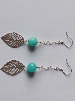 silver earrings-ear wires with turquoise amazonite beads and leaves with chain-