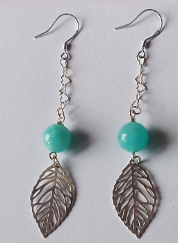 silver earrings-ear wires with turquoise amazonite beads and leaves with chain