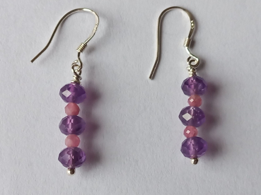 silver earrings-ear wires with amethyst and tourmaline beads-purple and pink colour