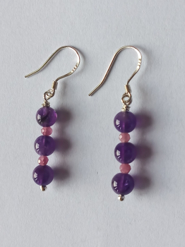silver earrings-ear wires with amethyst and tourmaline beads-the colour is purple and black
