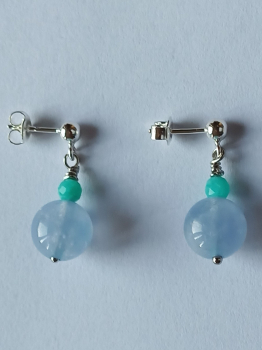 silver earrings-ear studs with aquamarine and amazonite beads