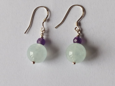 silver earrings-ear wires with aquamarine and amethyst beads-the colour is blue and purple