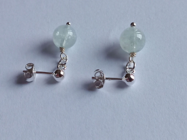 silver earrings-ear-studs with aquamarine beads---