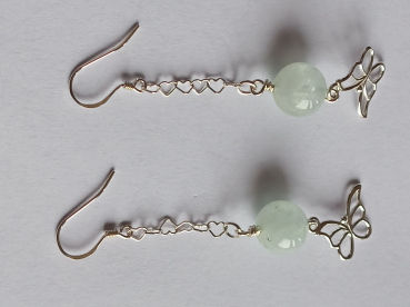 silver earrings-ear wires with blue aquamarine beads and butterfly with chain--