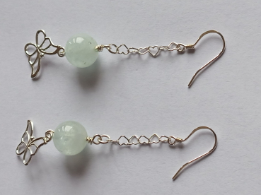 silver earrings-ear wires with blue aquamarine beads and butterfly with chain-