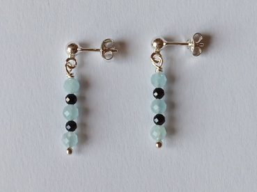 silver earrings-ear studs with aquamarine and tourmaline beads