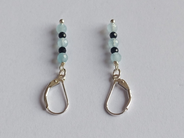 silver earrings-leverbacks with aquamarine and tourmaline beads-the colours are blue and black---