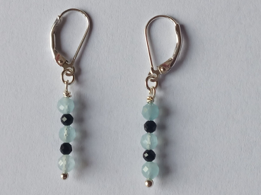 silver earrings-leverbacks with aquamarine and tourmaline beads-the colours are blue and black