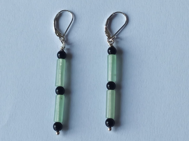 silver earrings-leverbacks with aventurine tubes and onyx beads-the colours are green and black