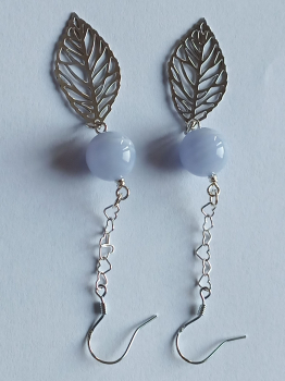silver earrings-ear wires with blue chalcedony beads and leaves with chain---