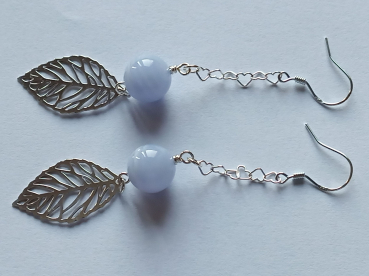 silver earrings-ear wires with blue chalcedony beads and leaves with chain-