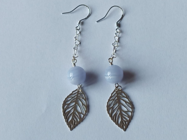 silver earrings-ear wires with blue chalcedony beads and leaves with chain