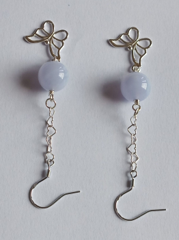 silver earrings-ear wires with blue chalcedony beads and butterfly with chain---