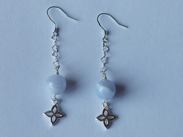 silver earrings-ear wires with blue chalcedony beads and flower with chain