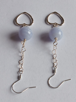 silver earrings-ear wires with blue chalcedony beads and heart with chain---