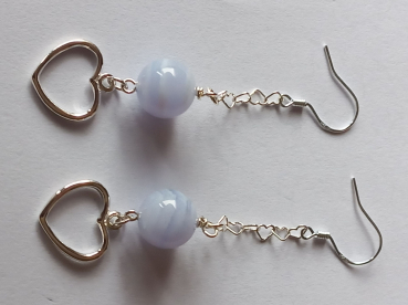 silver earrings-ear wires with blue chalcedony beads and heart with chain-