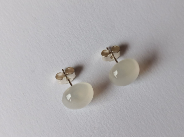 silver earrings-ear studs with white chalcedony cabochons