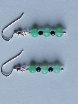 silver earrings-ear wires with chrysoprase and tourmaline beads-green and black colour--