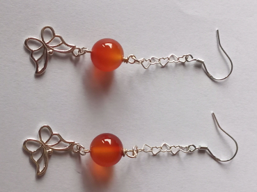 silver earrings-ear wires with red carnelian beads and butterfly with chain-