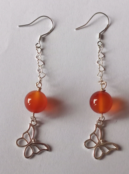 silver earrings-ear wires with red carnelian beads and butterfly with chain