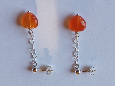 silver earrings-ear studs with carnelian heart and chain---