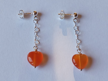 silver earrings-ear studs with carnelian heart and chain