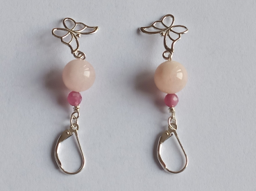 silver earrings-leverbacks with jmorganite and tourmaline beads and butterfly-the colour is pink---